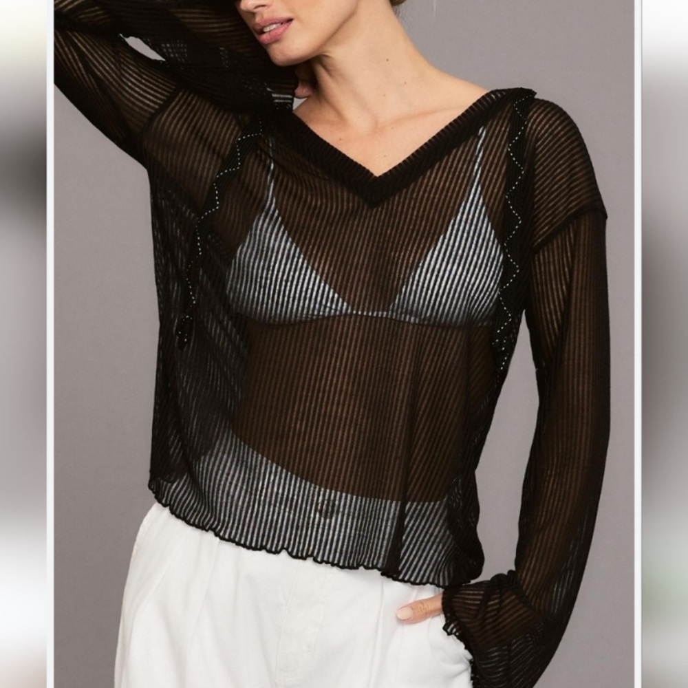 Anthropologie Sheer Black Striped V-Neck Pullover